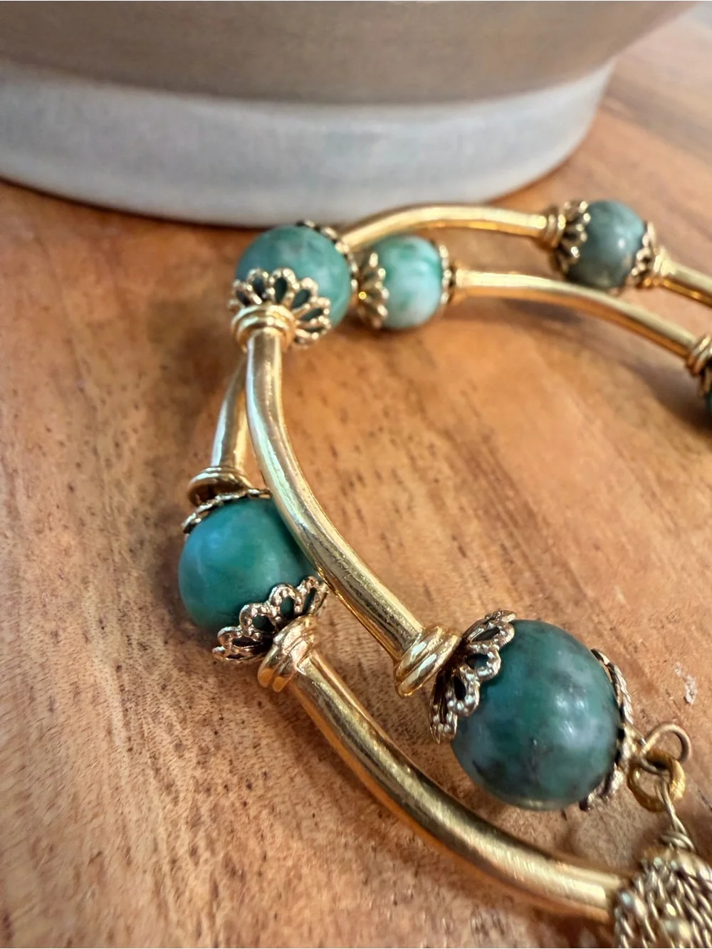 RARE HTF VTG Sezane Sally Bracelet Green and Gold Tone Marbled Stone